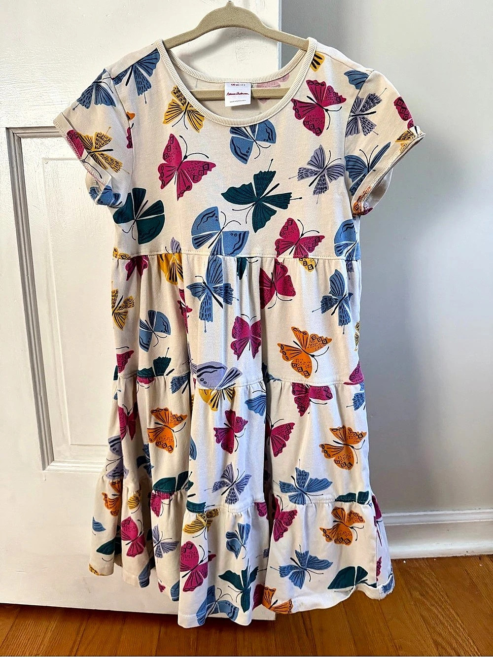 Hanna Andersson Butterfly Print Tiered organic Cotton Dress Girls 8/130cm